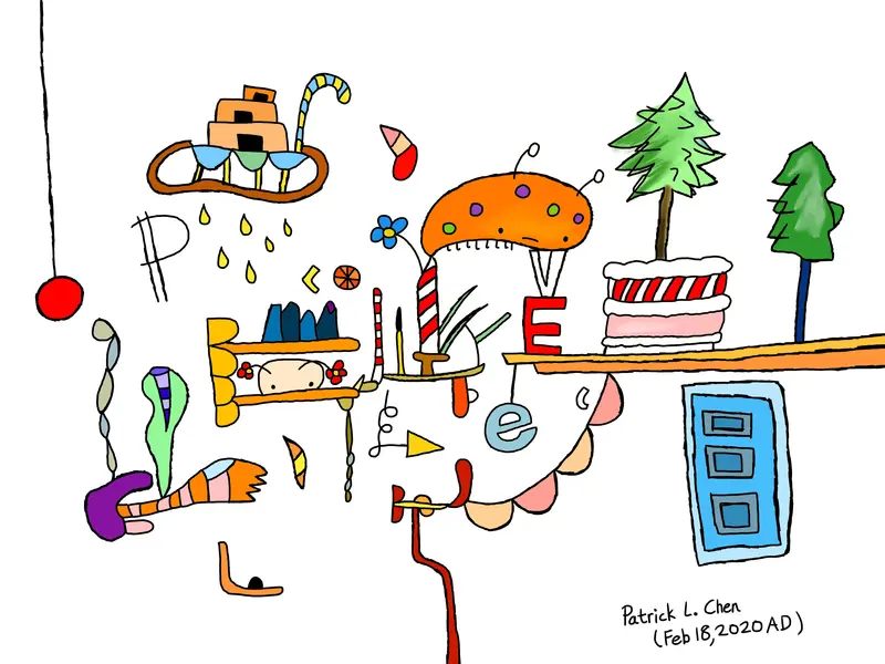Abstract surreal drawing featuring floating letters, trees, candy-striped objects, and whimsical architectural forms.